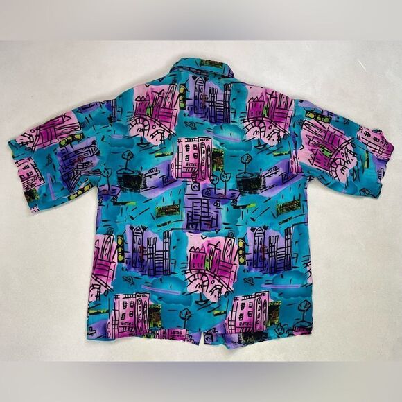 VINTAGE Adam Douglass All Over Print Silk Shirt Women Large Multicolor 90s - Picture 3 of 5